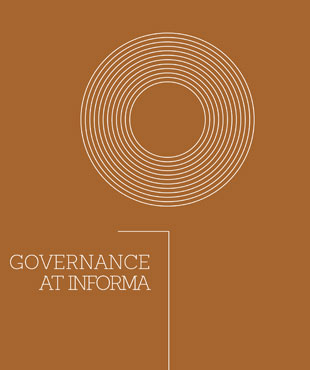 Front cover of Informa's 2019 governance report. It has brown background with a white circular line in the upper center and multiple outer rings outside it.