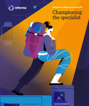 Front cover of the 2019 Annual Report - a woman climbing stairs with a spotlight on her